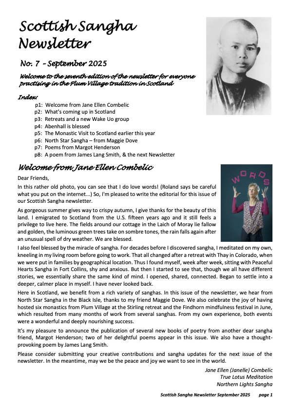 Scottish Sangha Newsletter: September 2025 first page linking to PDF of document.